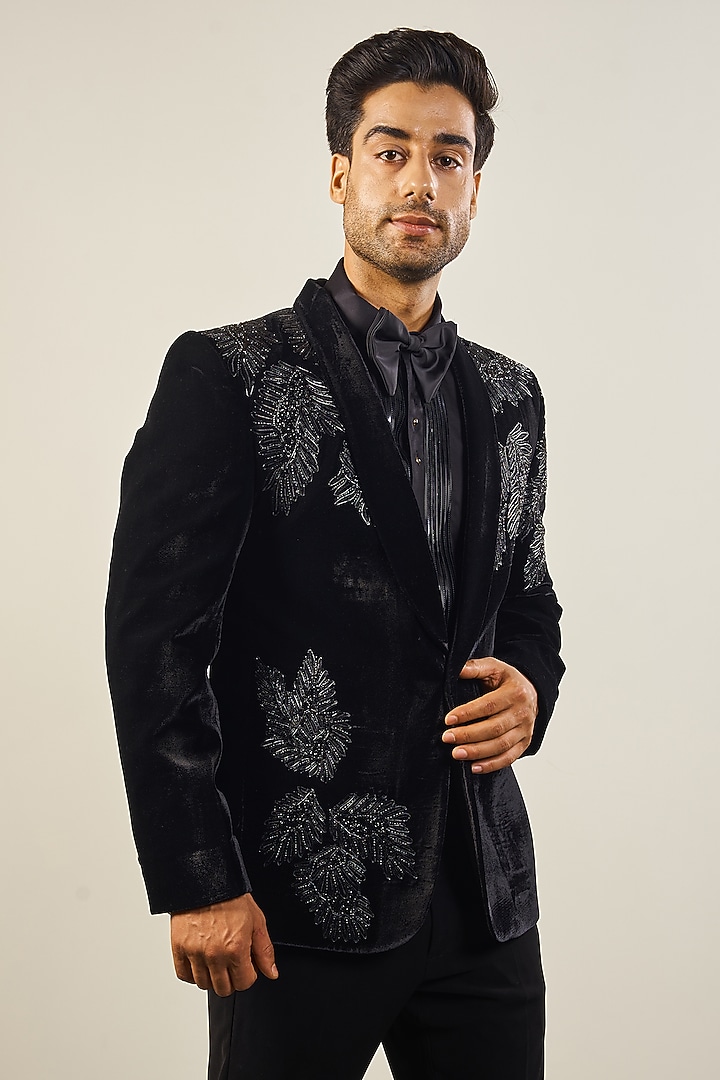 Black Velvet Silk Handwork Tuxedo Set by Soniya G Men at Pernia's Pop Up Shop