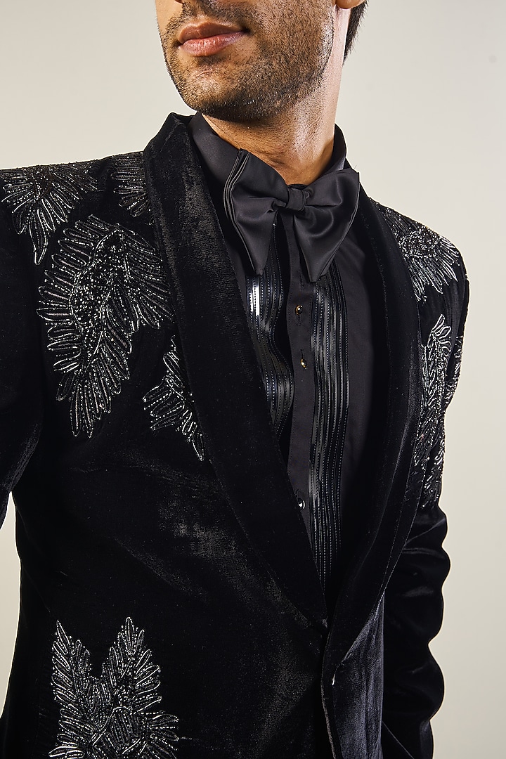 Black Velvet Silk Handwork Tuxedo Set by Soniya G Men at Pernia's Pop Up Shop