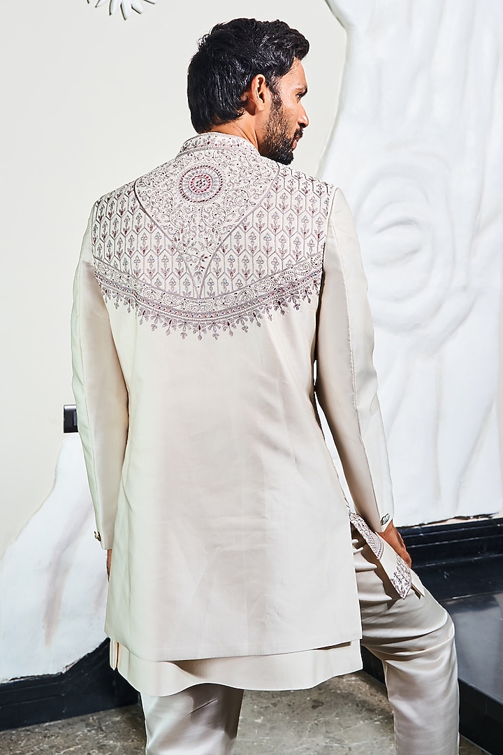 Ivory Silk Handwork Wedding Indowestern Set by Soniya G Men at Pernia's Pop Up Shop