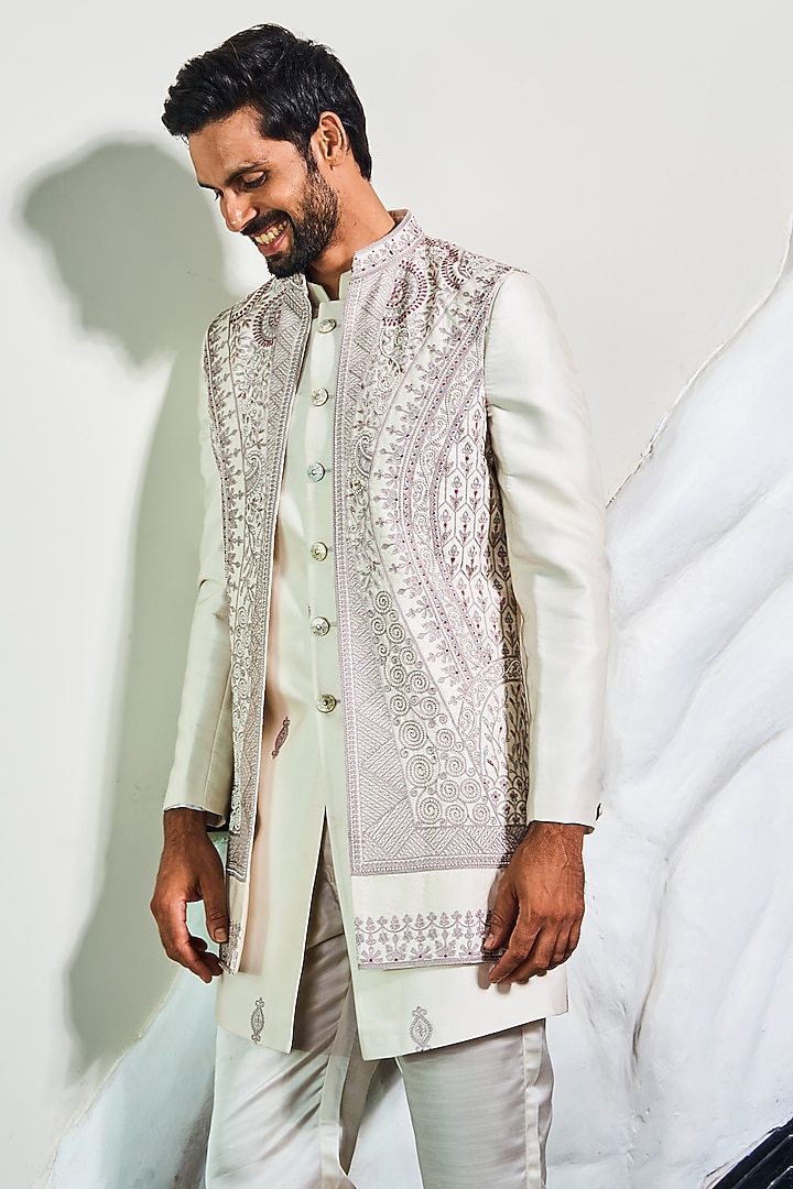 Ivory Silk Handwork Wedding Indowestern Set by Soniya G Men at Pernia's Pop Up Shop