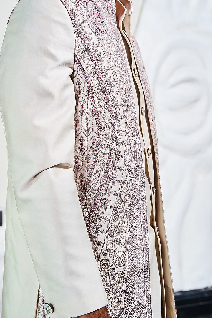 Ivory Silk Handwork Wedding Indowestern Set by Soniya G Men at Pernia's Pop Up Shop