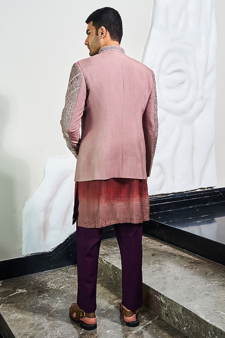 Nude Pink Silk Handwork Wedding Bandhgala Set by Soniya G Men at Pernia's Pop Up Shop
