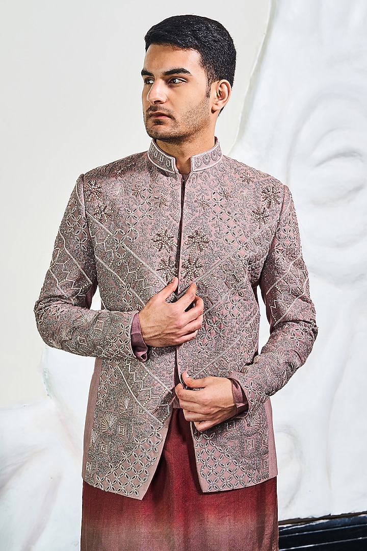 Nude Pink Silk Handwork Wedding Bandhgala Set by Soniya G Men at Pernia's Pop Up Shop