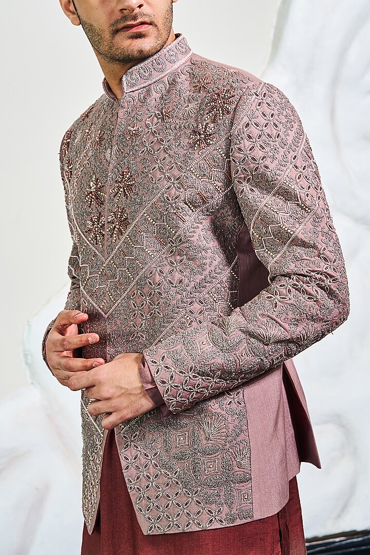 Nude Pink Silk Handwork Wedding Bandhgala Set by Soniya G Men at Pernia's Pop Up Shop