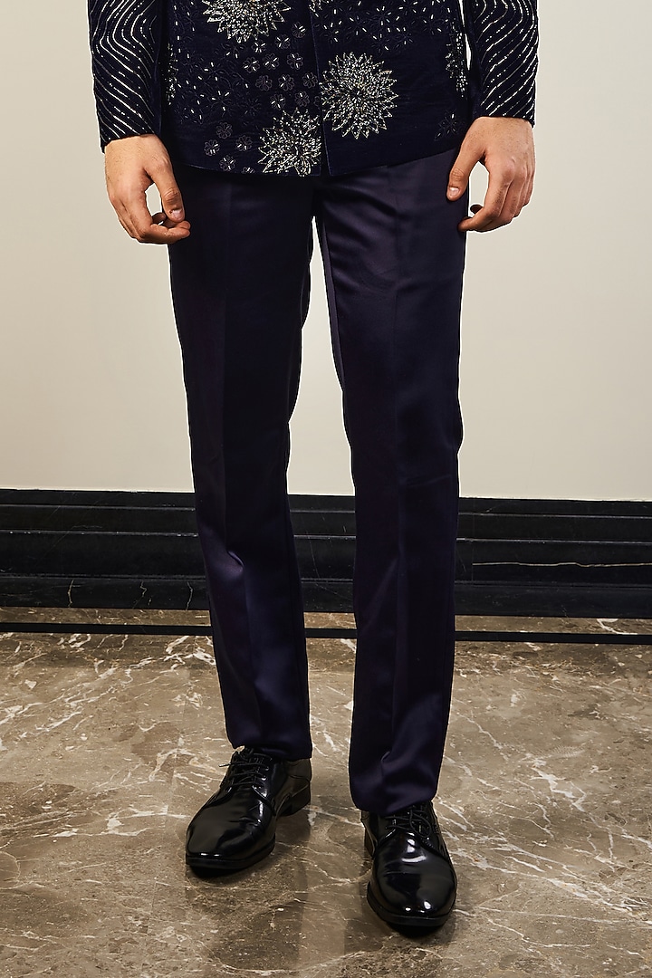 Navy Blue Velvet Thread Handwork Wedding Bandhgala Set by Soniya G Men at Pernia's Pop Up Shop