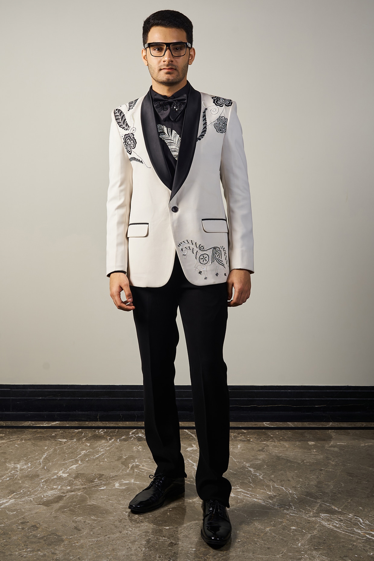 Black & White Italian Cationic fabric Handwork Tuxedo Set by