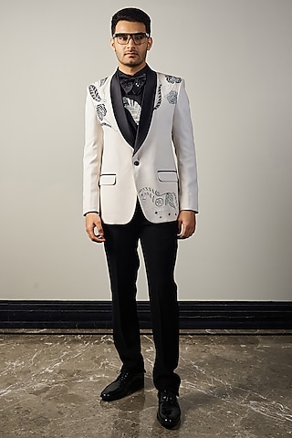 Black & White Italian Cationic fabric Handwork Tuxedo Set by Soniya G Men