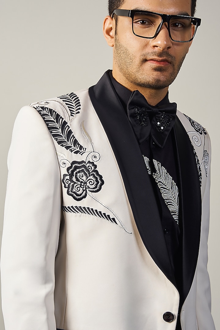Black & White Italian Cationic fabric Handwork Tuxedo Set by Soniya G Men at Pernia's Pop Up Shop