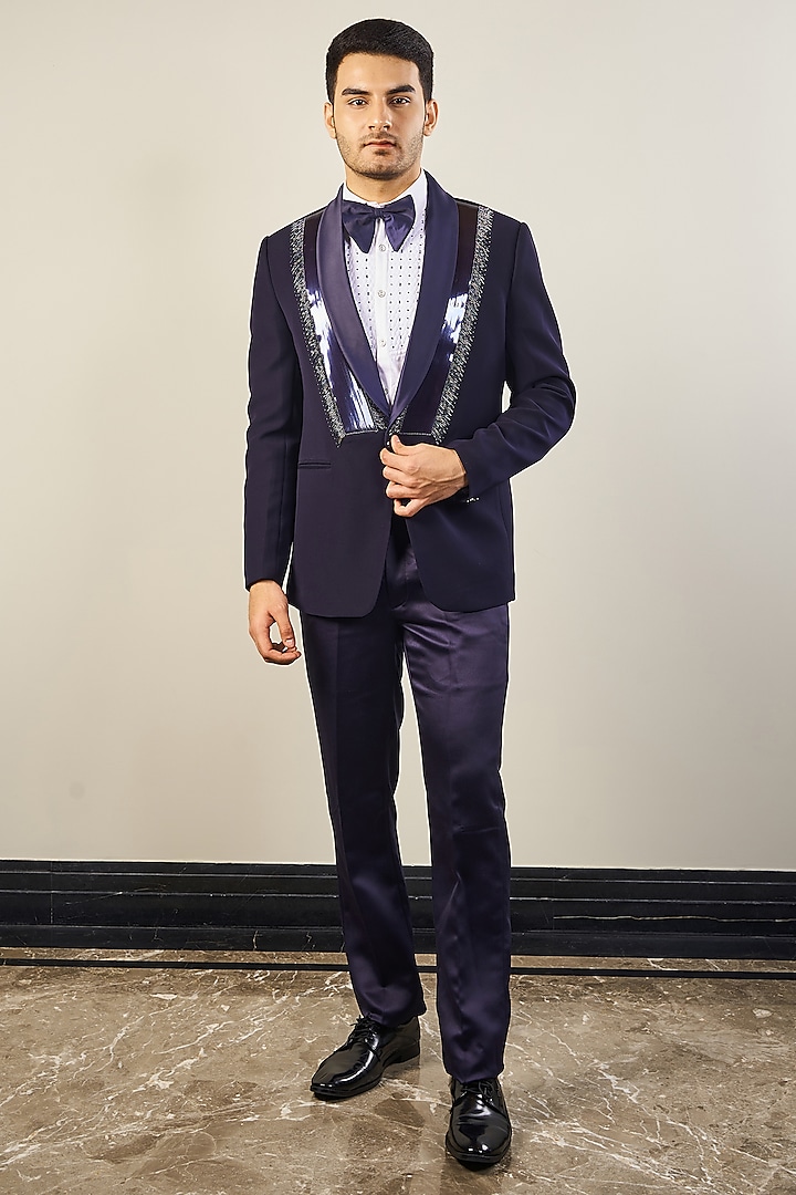 Navy Blue Italian Cationic fabric Handwork Tuxedo Set by Soniya G Men