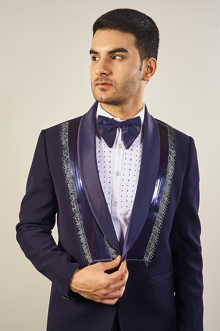 Navy Blue Italian Cationic fabric Handwork Tuxedo Set by Soniya G Men at Pernia's Pop Up Shop