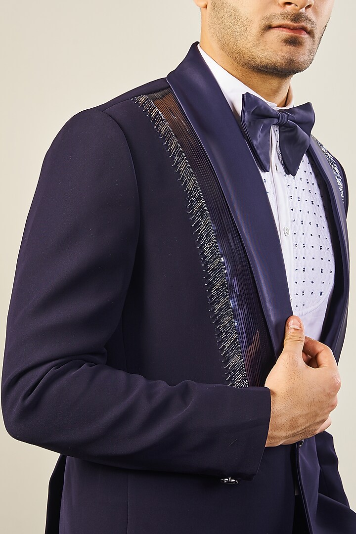 Navy Blue Italian Cationic fabric Handwork Tuxedo Set by Soniya G Men at Pernia's Pop Up Shop