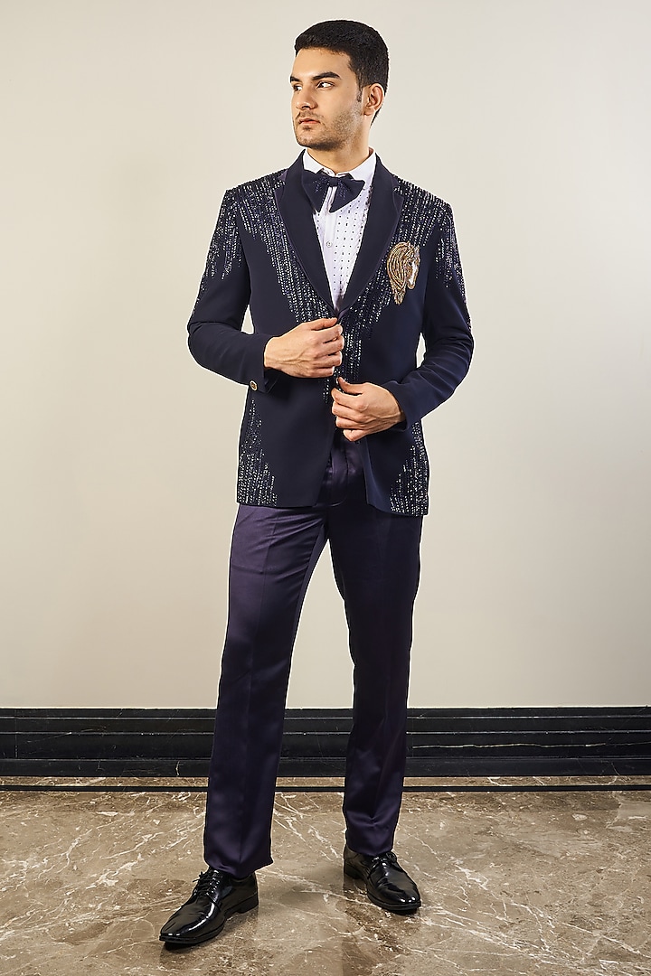 Italian Blue Silk Velvet Handwork Tuxedo Set by Soniya G Men at Pernia's Pop Up Shop