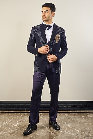Italian Blue Silk Velvet Handwork Tuxedo Set by Soniya G Men