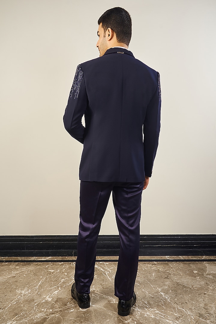 Italian Blue Silk Velvet Handwork Tuxedo Set by Soniya G Men at Pernia's Pop Up Shop