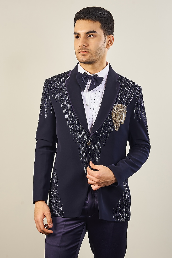 Italian Blue Silk Velvet Handwork Tuxedo Set by Soniya G Men at Pernia's Pop Up Shop
