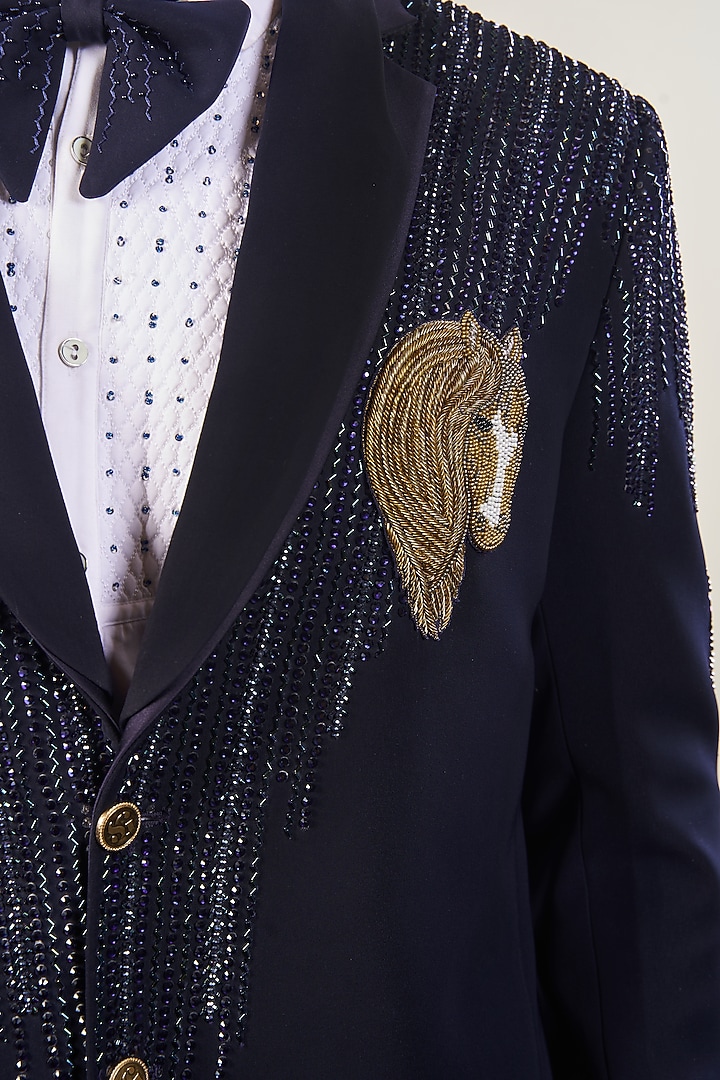 Italian Blue Silk Velvet Handwork Tuxedo Set by Soniya G Men at Pernia's Pop Up Shop