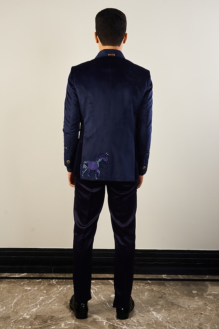 Navy Blue Silk Velvet Handwork Tuxedo Set by Soniya G Men at Pernia's Pop Up Shop