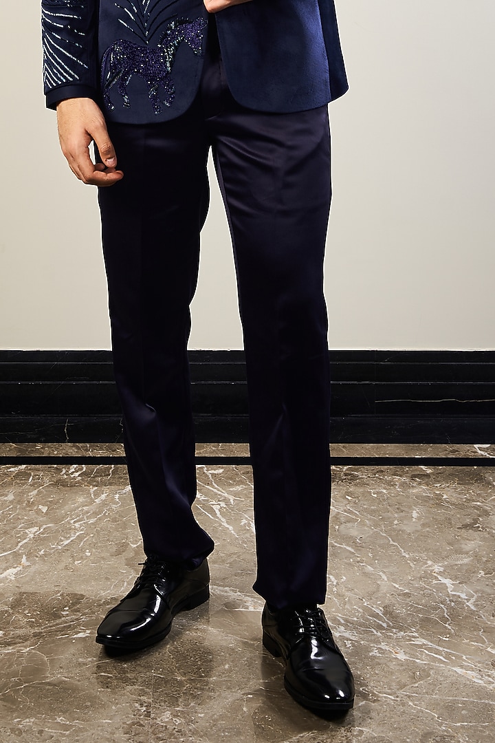 Navy Blue Silk Velvet Handwork Tuxedo Set by Soniya G Men at Pernia's Pop Up Shop