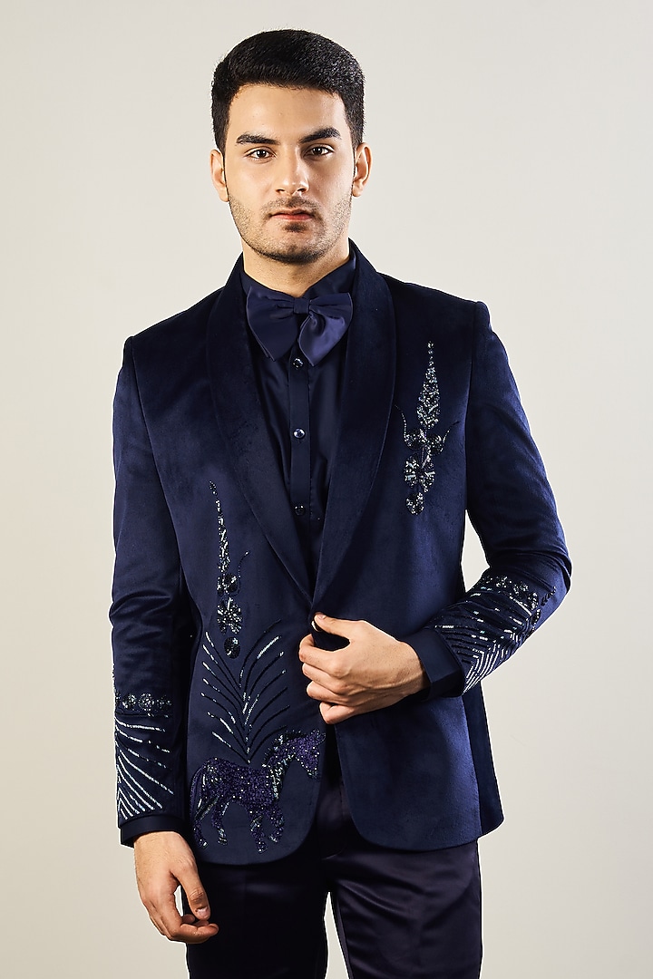 Navy Blue Silk Velvet Handwork Tuxedo Set by Soniya G Men at Pernia's Pop Up Shop
