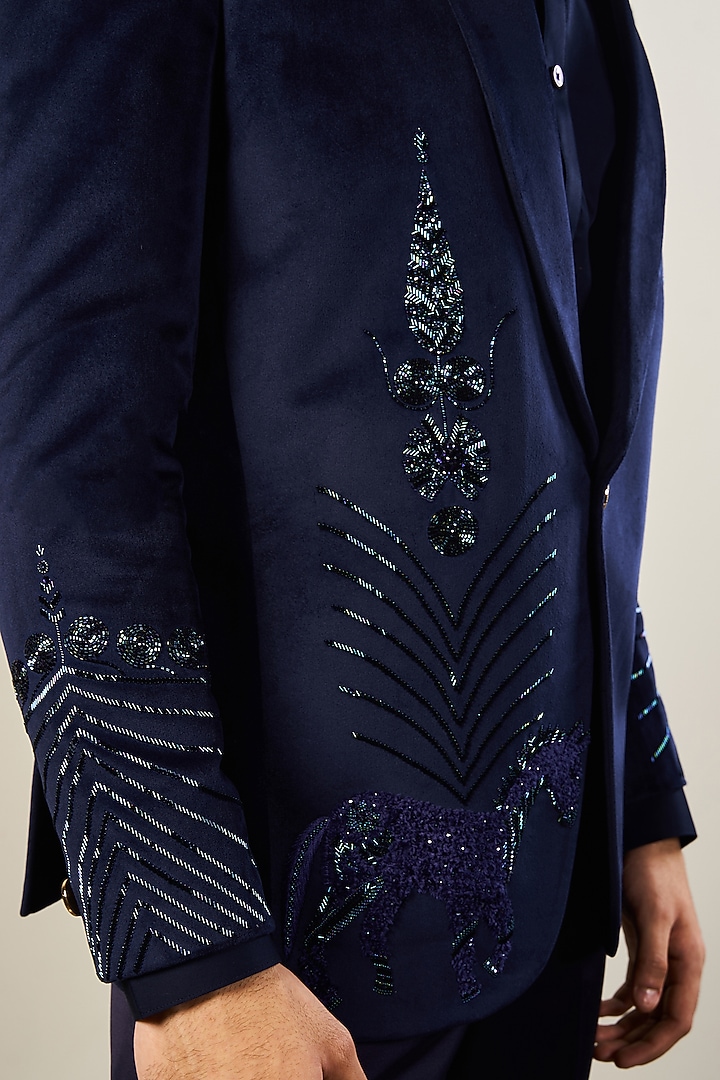 Navy Blue Silk Velvet Handwork Tuxedo Set by Soniya G Men at Pernia's Pop Up Shop