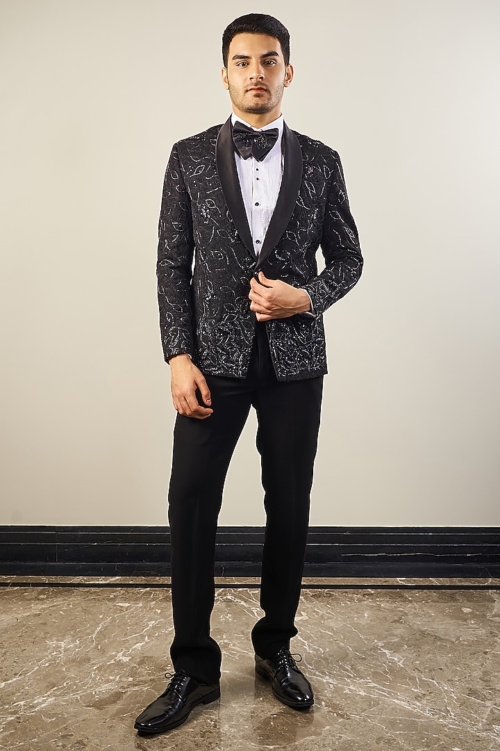 Black Italian Cationic fabric Handwork Tuxedo Set by Soniya G Men