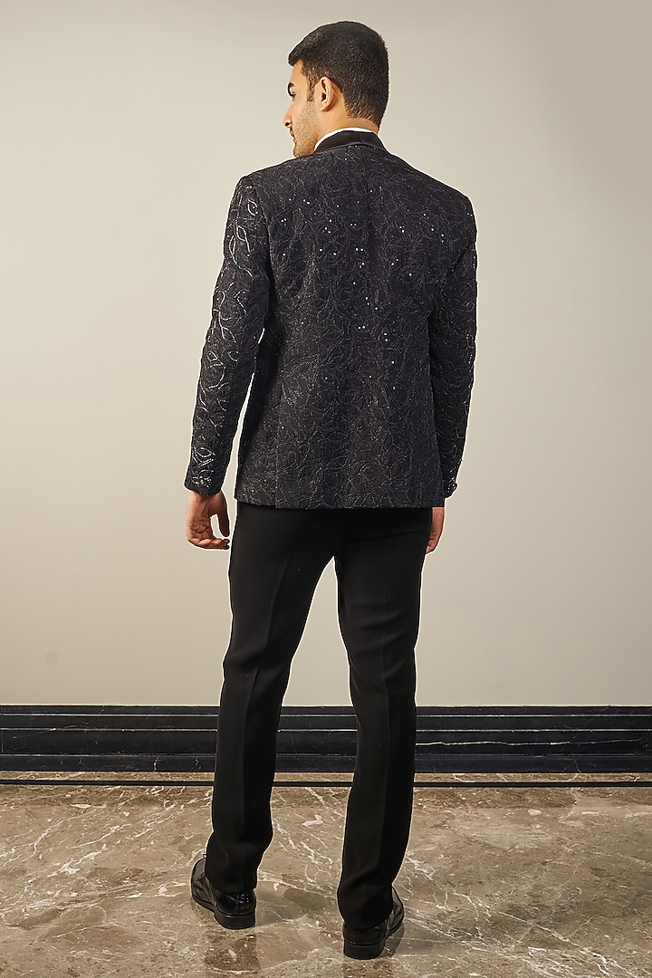 Black Italian Cationic fabric Handwork Tuxedo Set by Soniya G Men at Pernia's Pop Up Shop