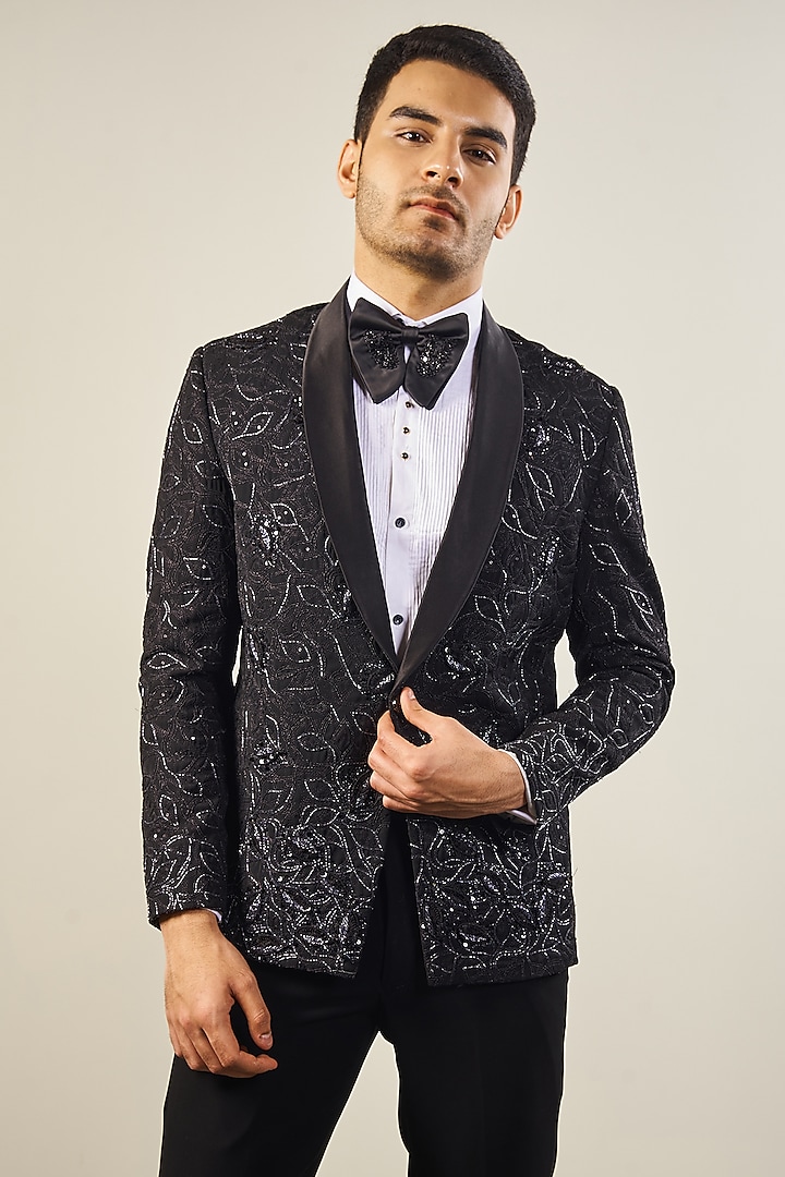 Black Italian Cationic fabric Handwork Tuxedo Set by Soniya G Men at Pernia's Pop Up Shop