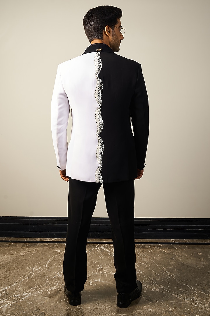 Black & White Italian Cationic fabric Handwork Tuxedo Set by Soniya G Men at Pernia's Pop Up Shop