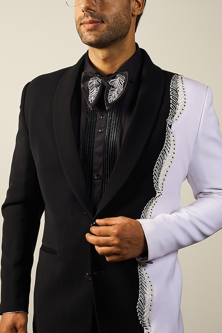 Black & White Italian Cationic fabric Handwork Tuxedo Set by Soniya G Men at Pernia's Pop Up Shop