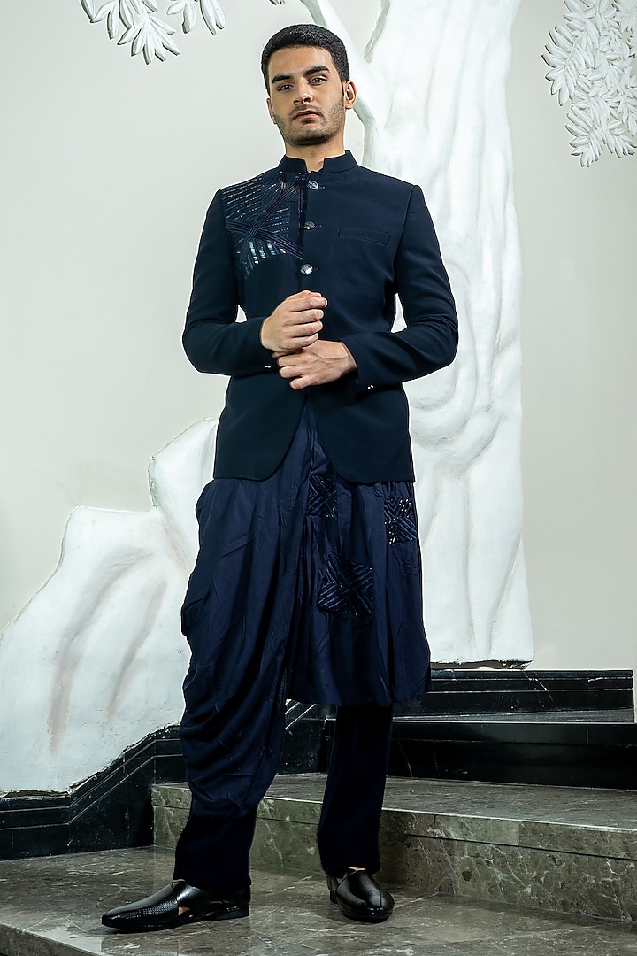 Navy Blue Italian Cationic Fabric Handwork Jodhpuri Set by Soniya G Men