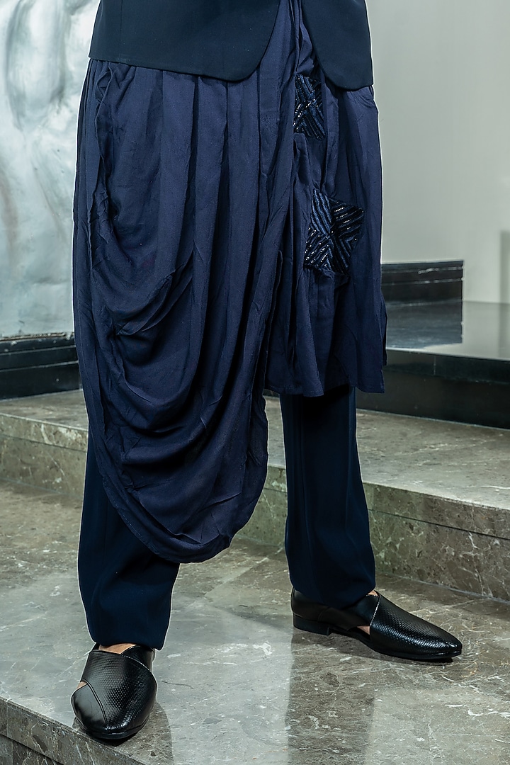 Navy Blue Italian Cationic Fabric Handwork Wedding Bandhgala Set by Soniya G Men at Pernia's Pop Up Shop
