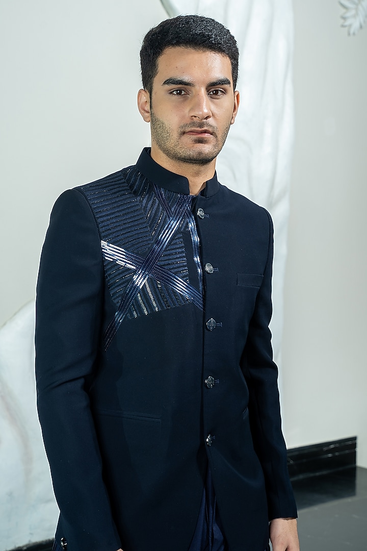 Navy Blue Italian Cationic Fabric Handwork Wedding Bandhgala Set by Soniya G Men at Pernia's Pop Up Shop