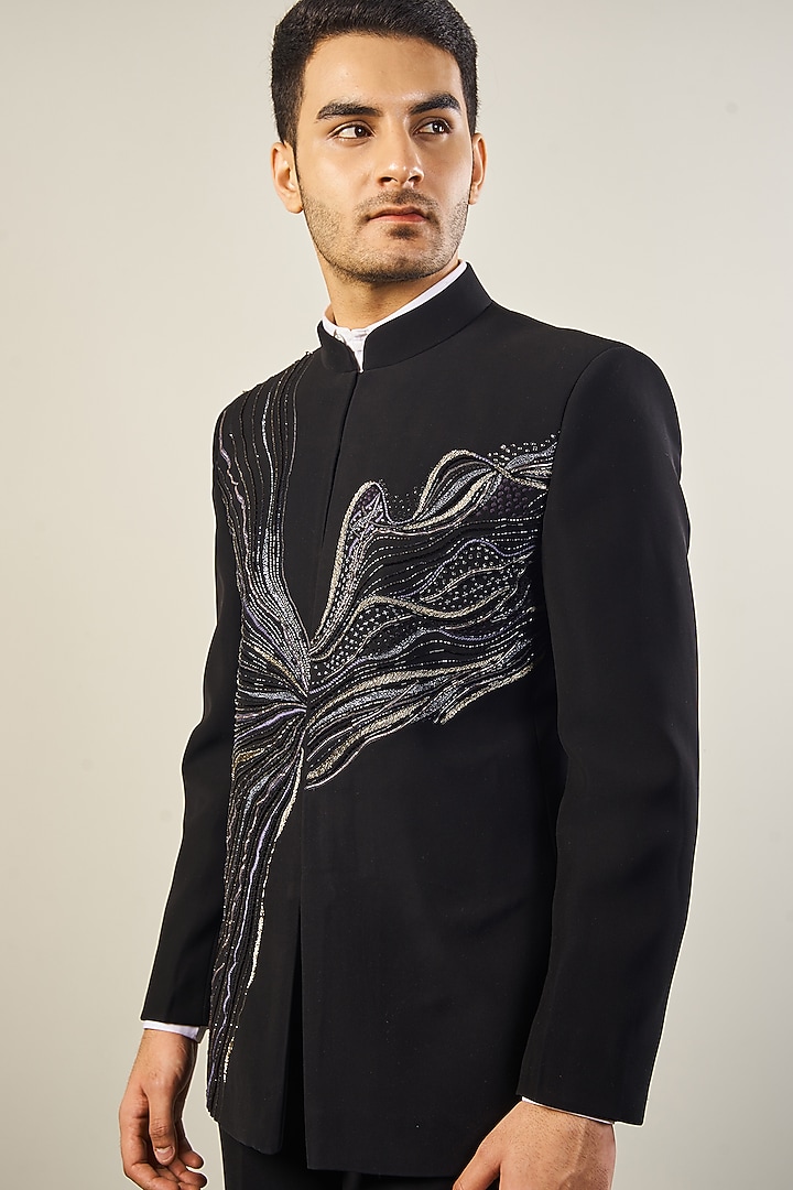 Black Italian Cationic Fabric Handwork Wedding Bandhgala Set by Soniya G Men at Pernia's Pop Up Shop