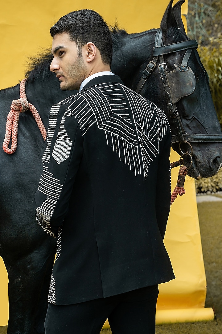 Black Italian Cationic Fabric Striped Handwork Tuxedo Set by Soniya G Men at Pernia's Pop Up Shop