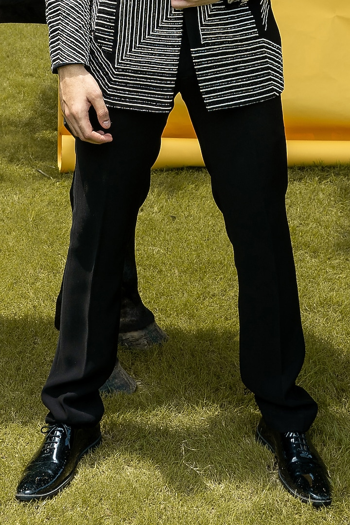Black Italian Cationic Fabric Striped Handwork Tuxedo Set by Soniya G Men at Pernia's Pop Up Shop