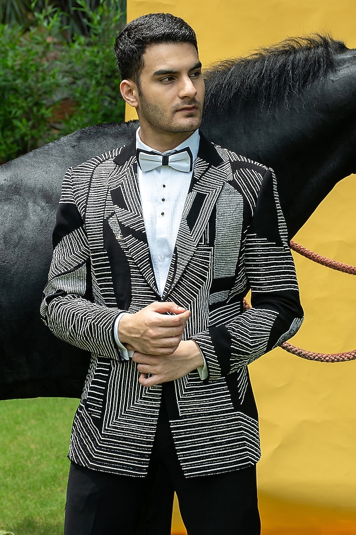 Black Italian Cationic Fabric Striped Handwork Tuxedo Set by Soniya G Men at Pernia's Pop Up Shop