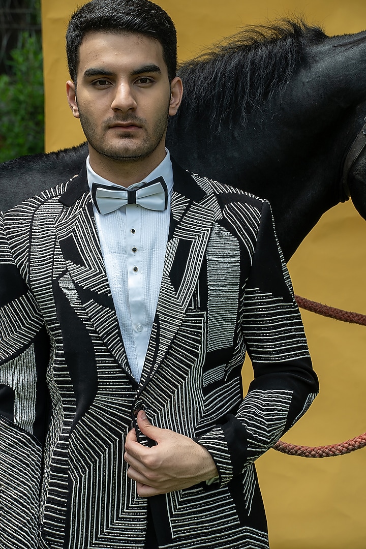 Black Italian Cationic Fabric Striped Handwork Tuxedo Set by Soniya G Men at Pernia's Pop Up Shop