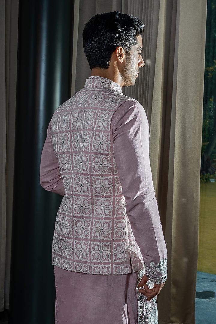 Pink Handmade Silk Thread & Mirror Work Wedding Indowestern Set by Soniya G Men at Pernia's Pop Up Shop
