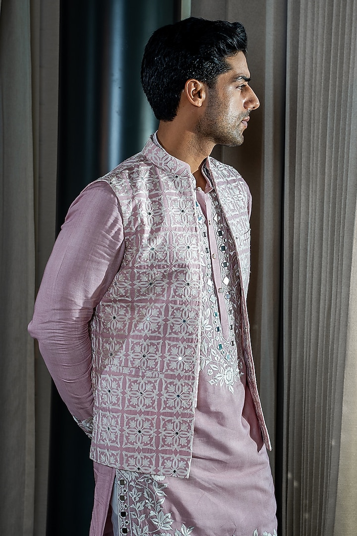 Pink Handmade Silk Thread & Mirror Work Wedding Indowestern Set by Soniya G Men at Pernia's Pop Up Shop