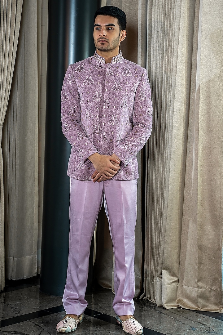 Onion Pink Velvet Zardosi Embroidered & Thread Handwork Jodhpuri Set by Soniya G Men at Pernia's Pop Up Shop