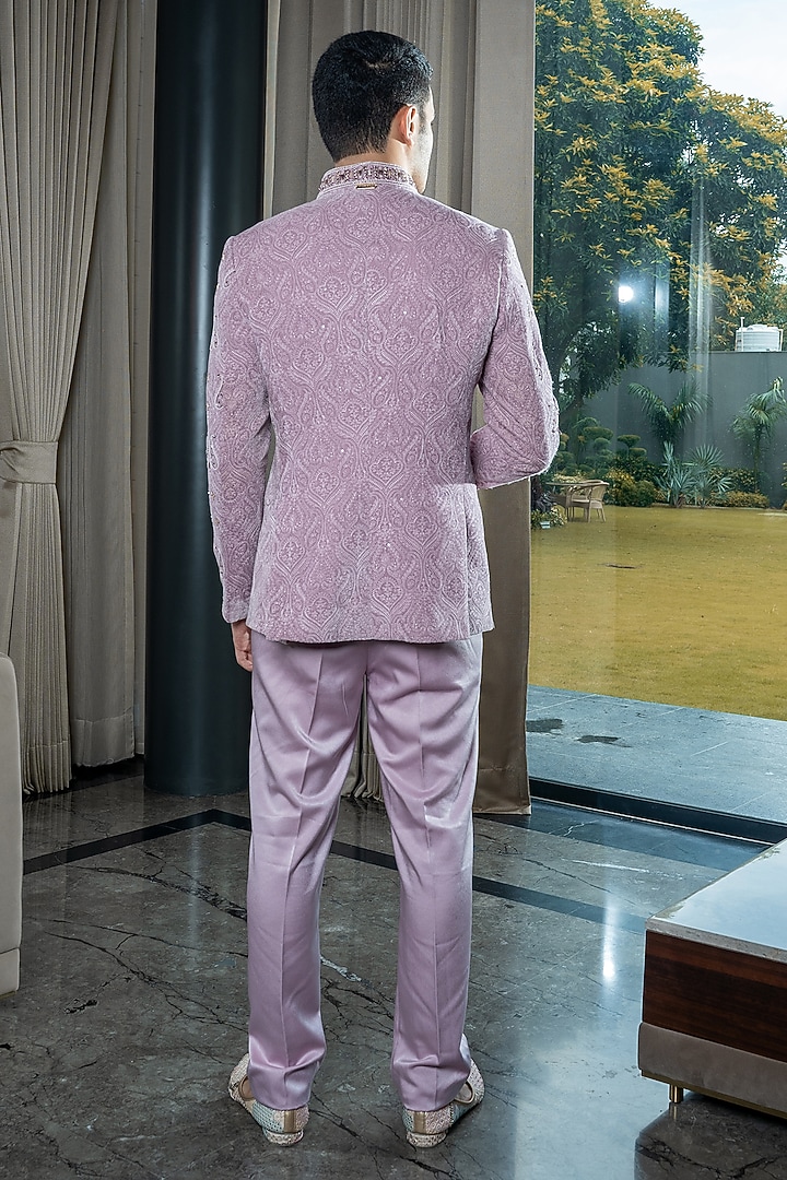 Onion Pink Velvet Zardosi Embroidered & Thread Handwork Wedding Bandhgala Set by Soniya G Men at Pernia's Pop Up Shop