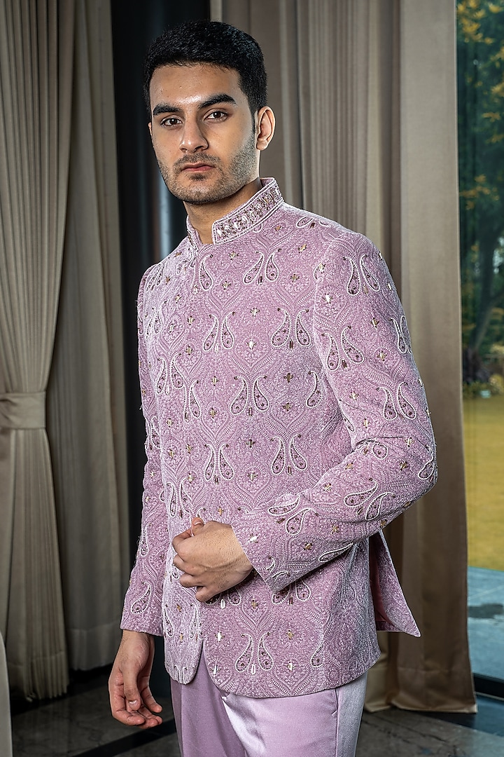 Onion Pink Velvet Zardosi Embroidered & Thread Handwork Wedding Bandhgala Set by Soniya G Men at Pernia's Pop Up Shop