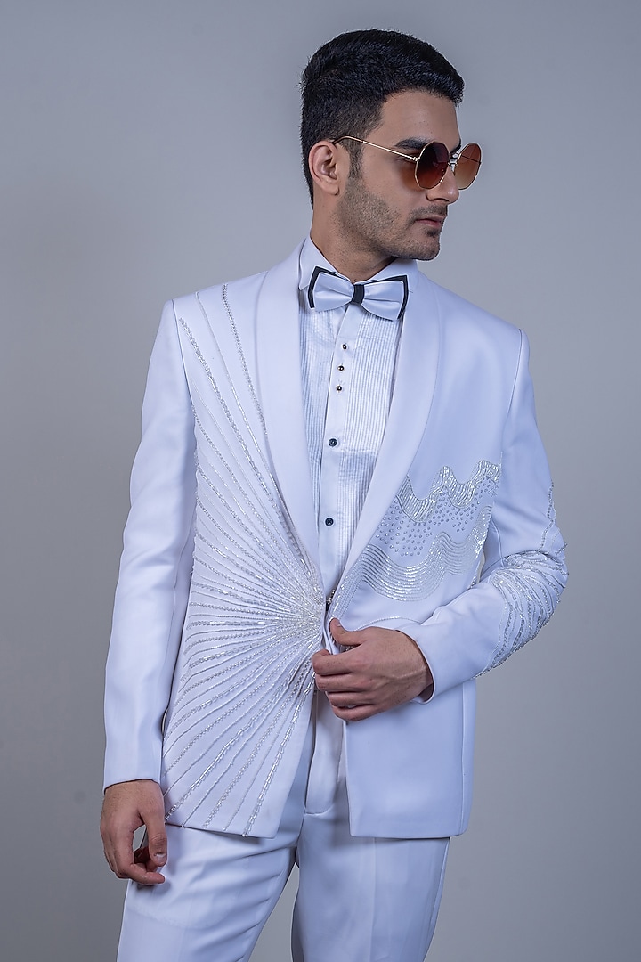 Ivory Italian Cationic Fabric Stone & Beadwork Blazer Set by Soniya G Men at Pernia's Pop Up Shop