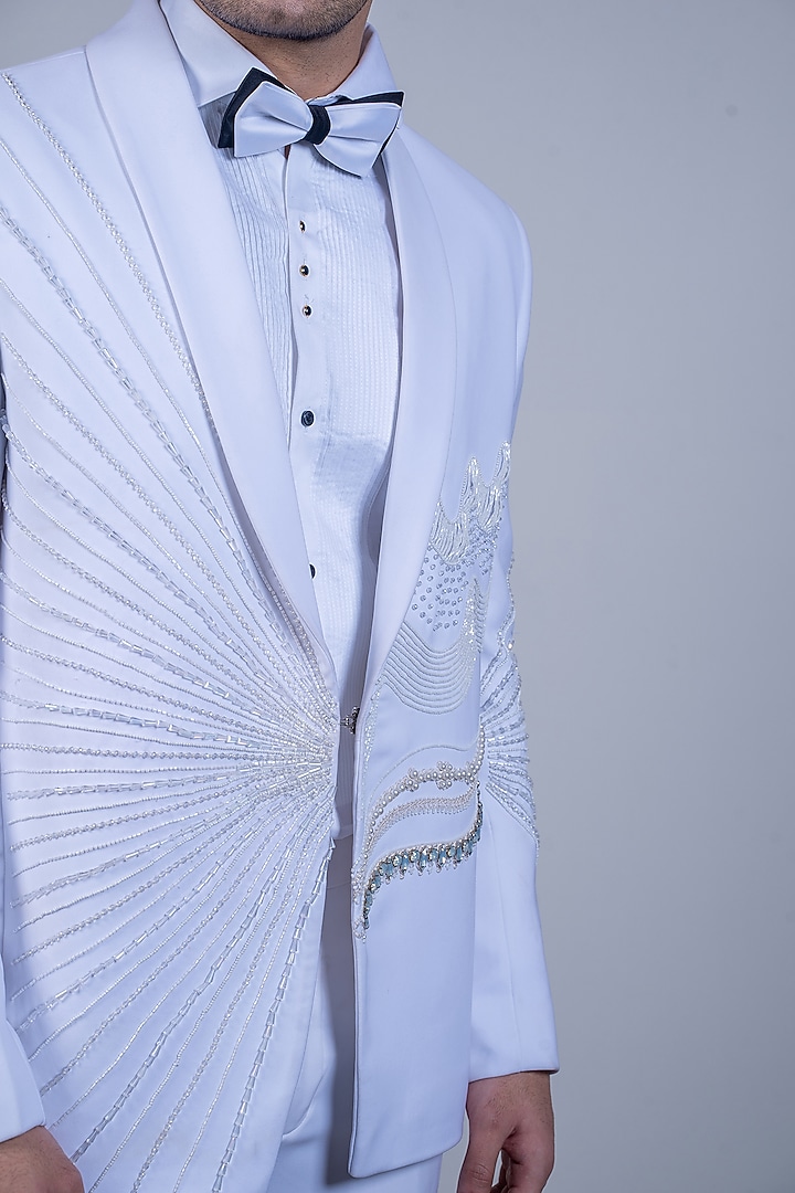Ivory Italian Cationic Fabric Stone & Beadwork Blazer Set by Soniya G Men at Pernia's Pop Up Shop