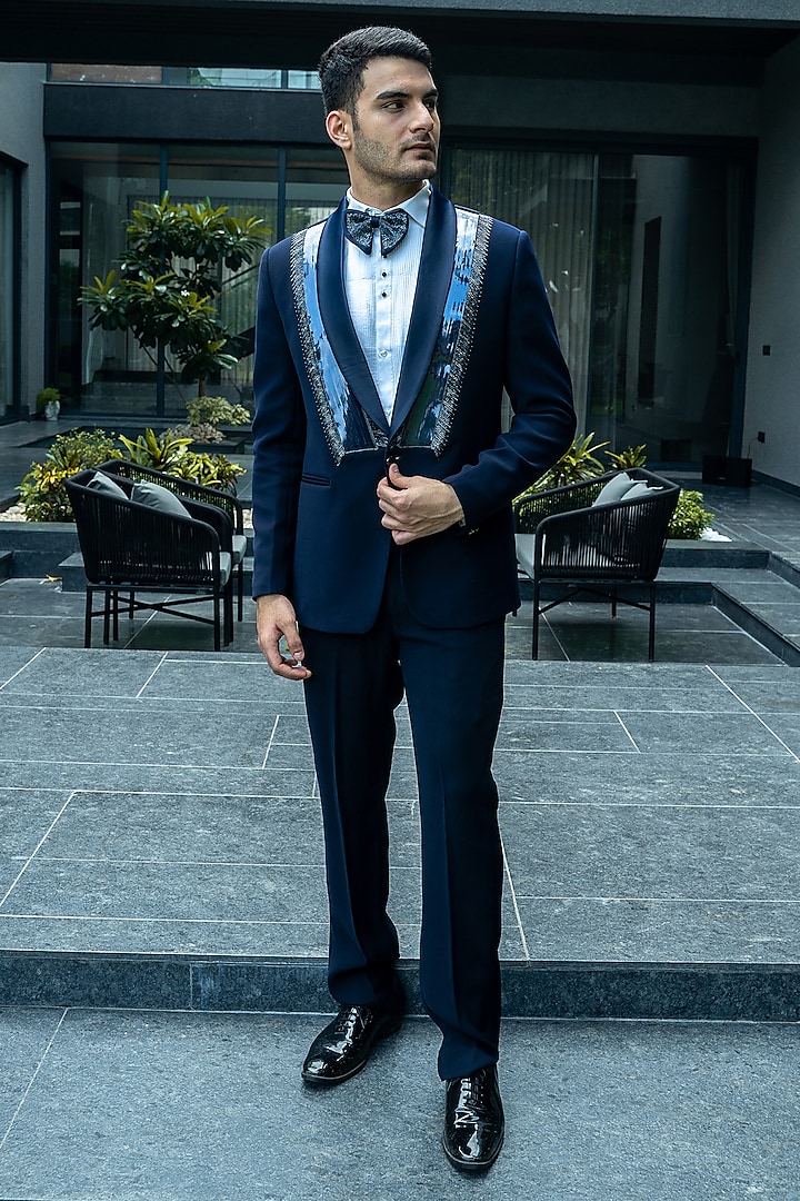 Italian Blue Italian Silk Handwork Tuxedo Set by Soniya G Men