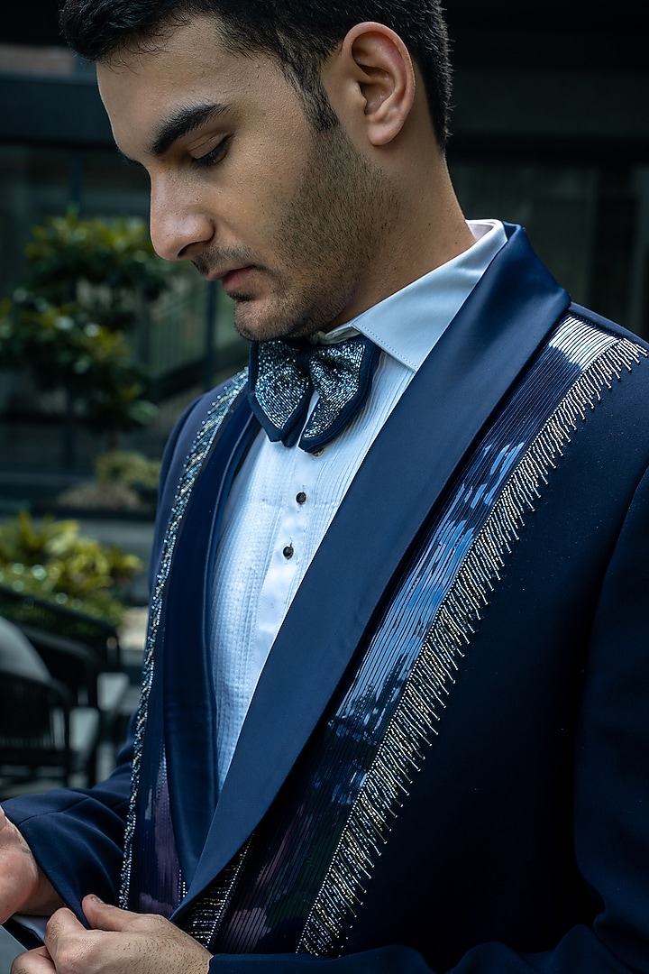 Italian Blue Italian Silk Handwork Tuxedo Set by Soniya G Men at Pernia's Pop Up Shop