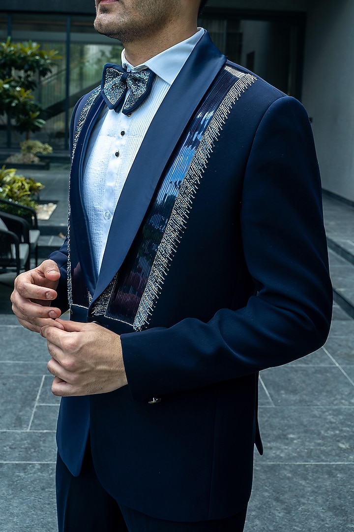 Italian Blue Italian Silk Handwork Tuxedo Set by Soniya G Men at Pernia's Pop Up Shop