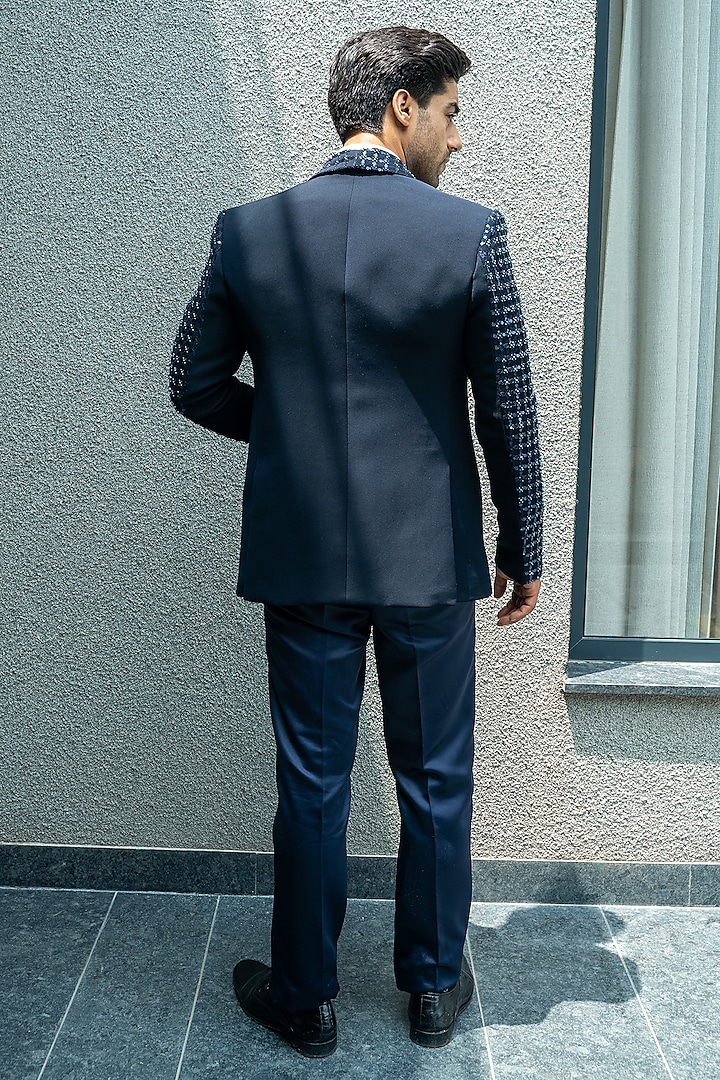 Black Italian Cationic Fabric Bead Embellished Blazer Set by Soniya G Men at Pernia's Pop Up Shop