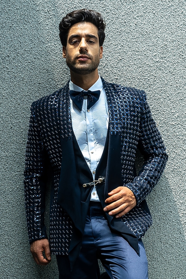 Black Italian Cationic Fabric Bead Embellished Blazer Set by Soniya G Men at Pernia's Pop Up Shop
