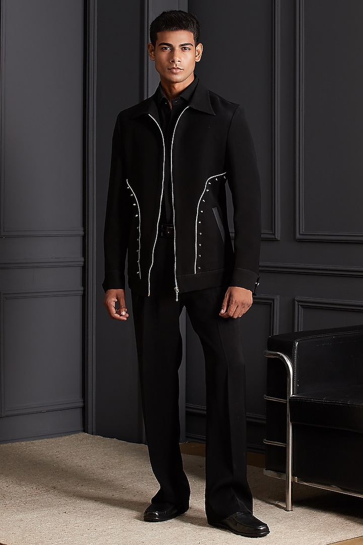 Black Suiting Japanese Fabric Jacket Set by Soniya G Men at Pernia's Pop Up Shop